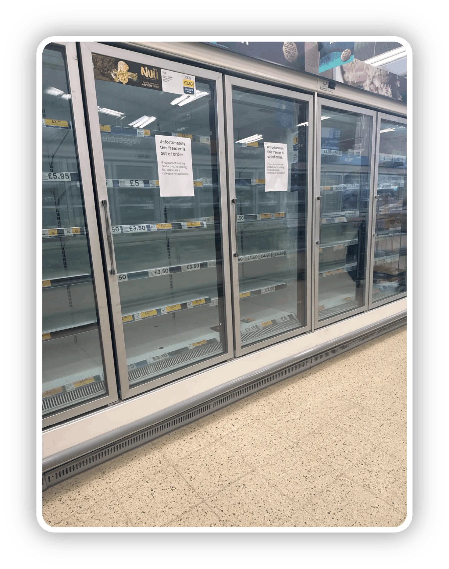 Empty freezer aisle in a UK supermarket